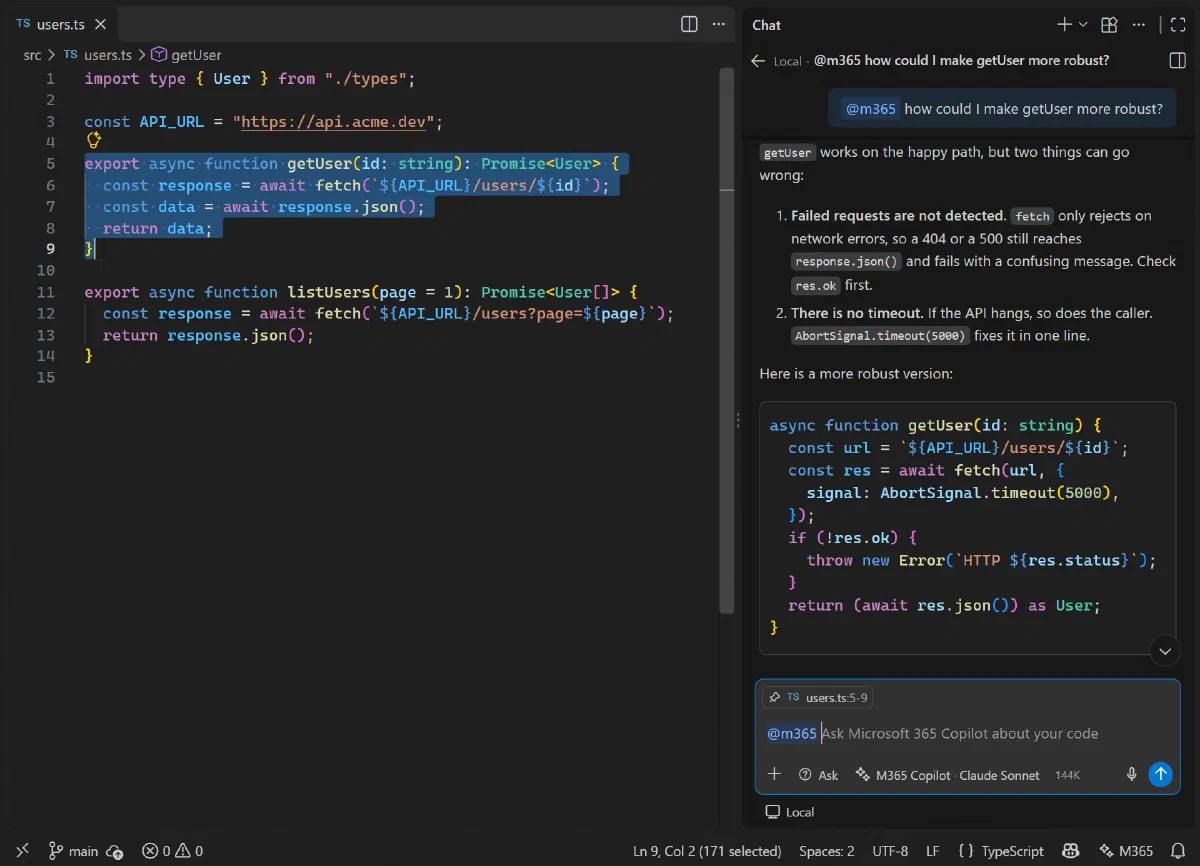 VS Code with the chat open: M365 Copilot explains two problems in the selected getUser function and proposes a more robust version