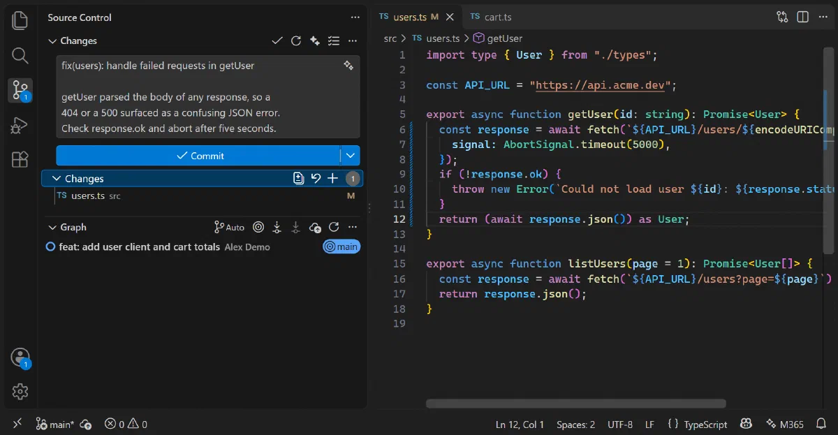 VS Code Source Control view with a Conventional Commits message written by M365 Copilot in the commit box