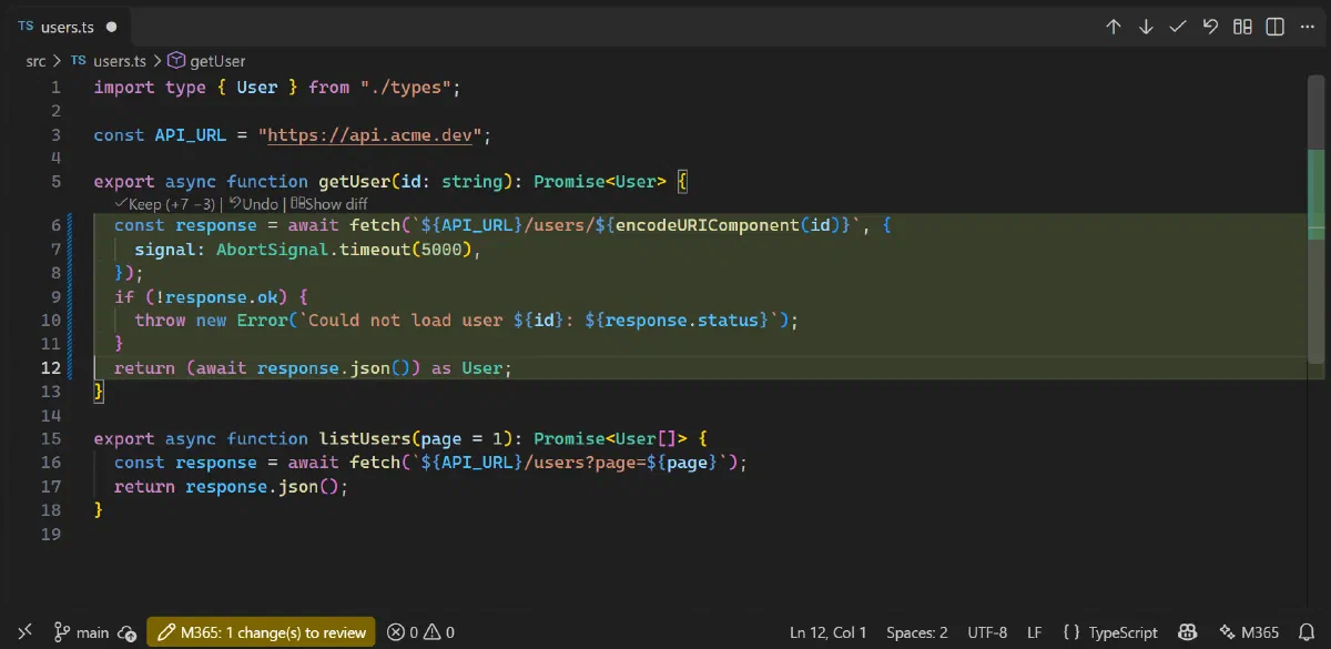 VS Code editor with a change proposed by M365 Copilot: the new lines are highlighted and a Keep, Undo and Show diff bar sits above them