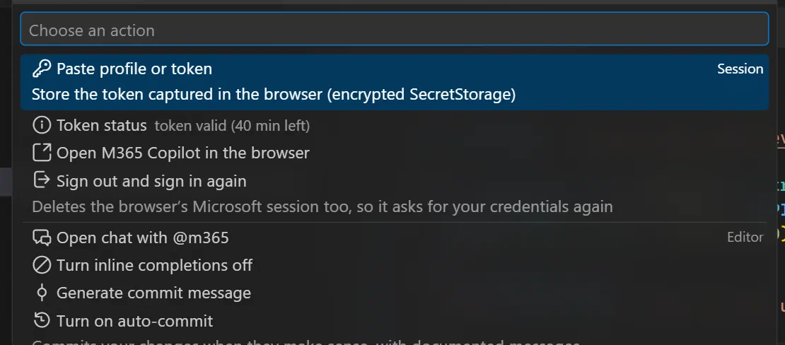 The M365 menu opened from the VS Code status bar: Paste profile or token, token status, open M365 Copilot, sign out and sign in again