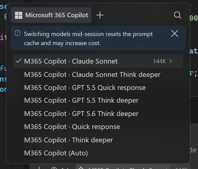 VS Code model picker with the Microsoft 365 Copilot models: Auto, Quick response, Think deeper, GPT 5.5, GPT 5.6 and Claude Sonnet