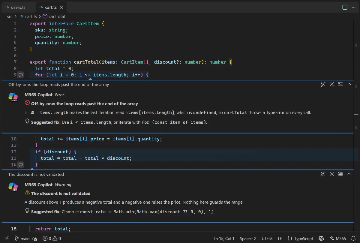 VS Code editor with M365 Copilot review comments on the lines: an error about an off-by-one loop and a warning about an unvalidated discount